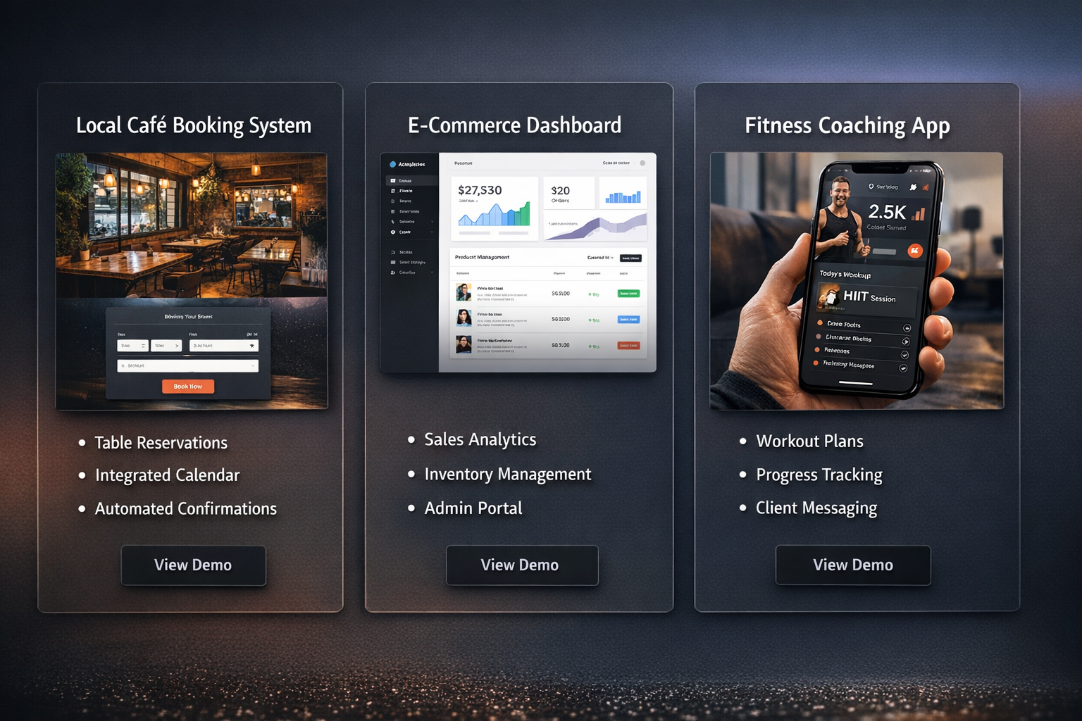Small business app concepts — booking, analytics, coaching